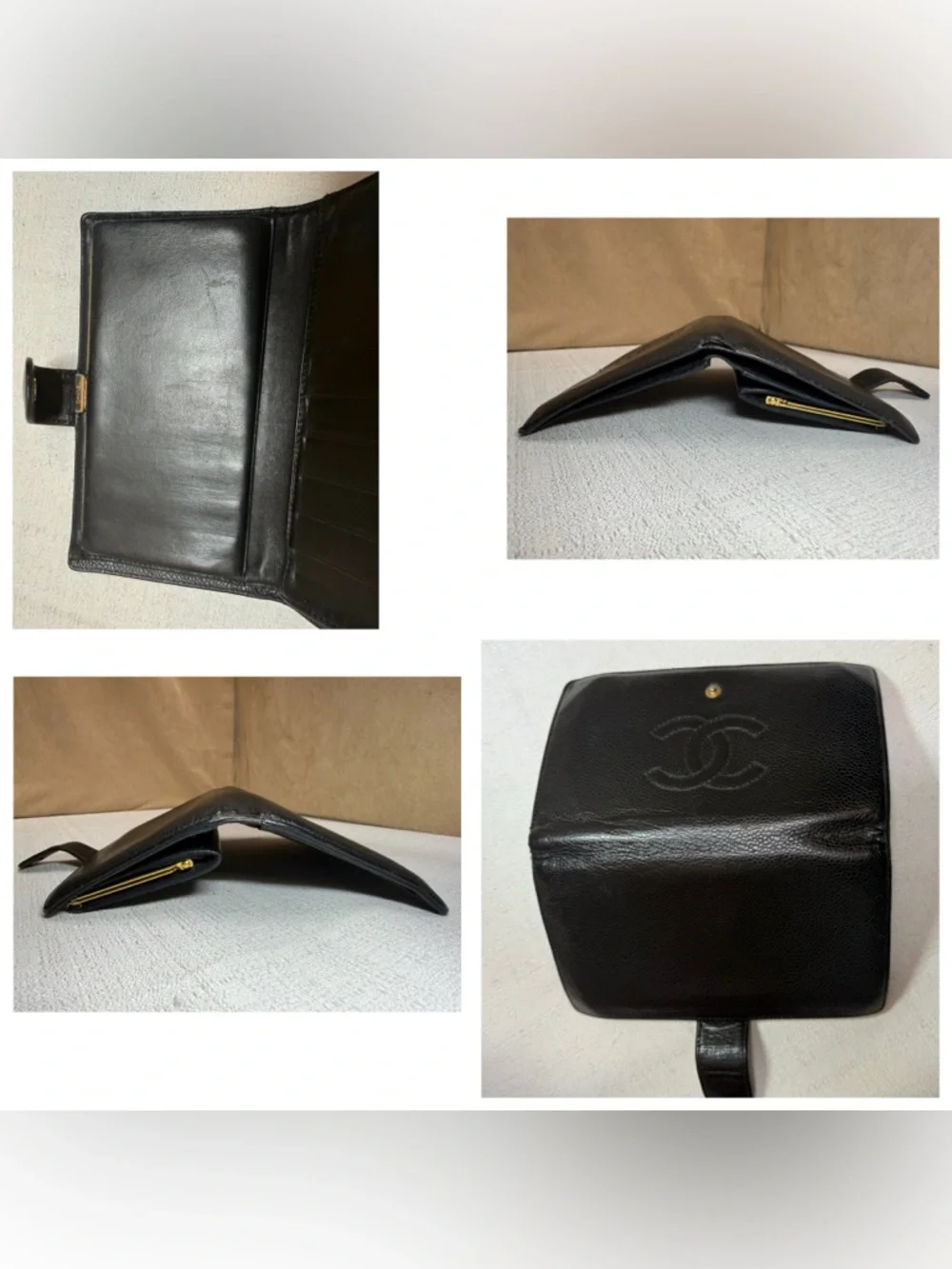 Chanel Vintage Black Caviar Leather CC Logo Long Wallet Clutch Gold tone